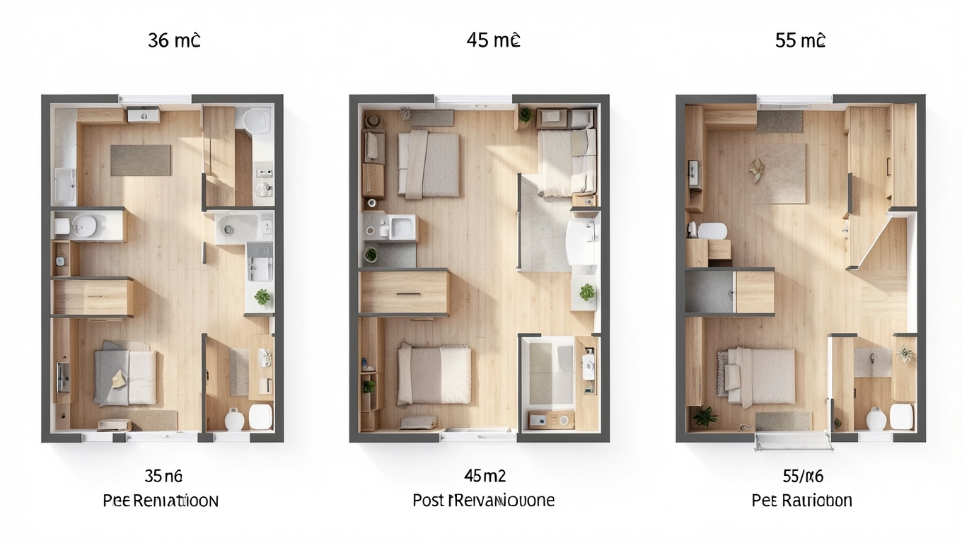Schematy mieszkań 36 m², 45 m² i 55 m² warianty przed i po modernizacji