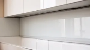 Płyta laminowana między szafkami w kuchni
