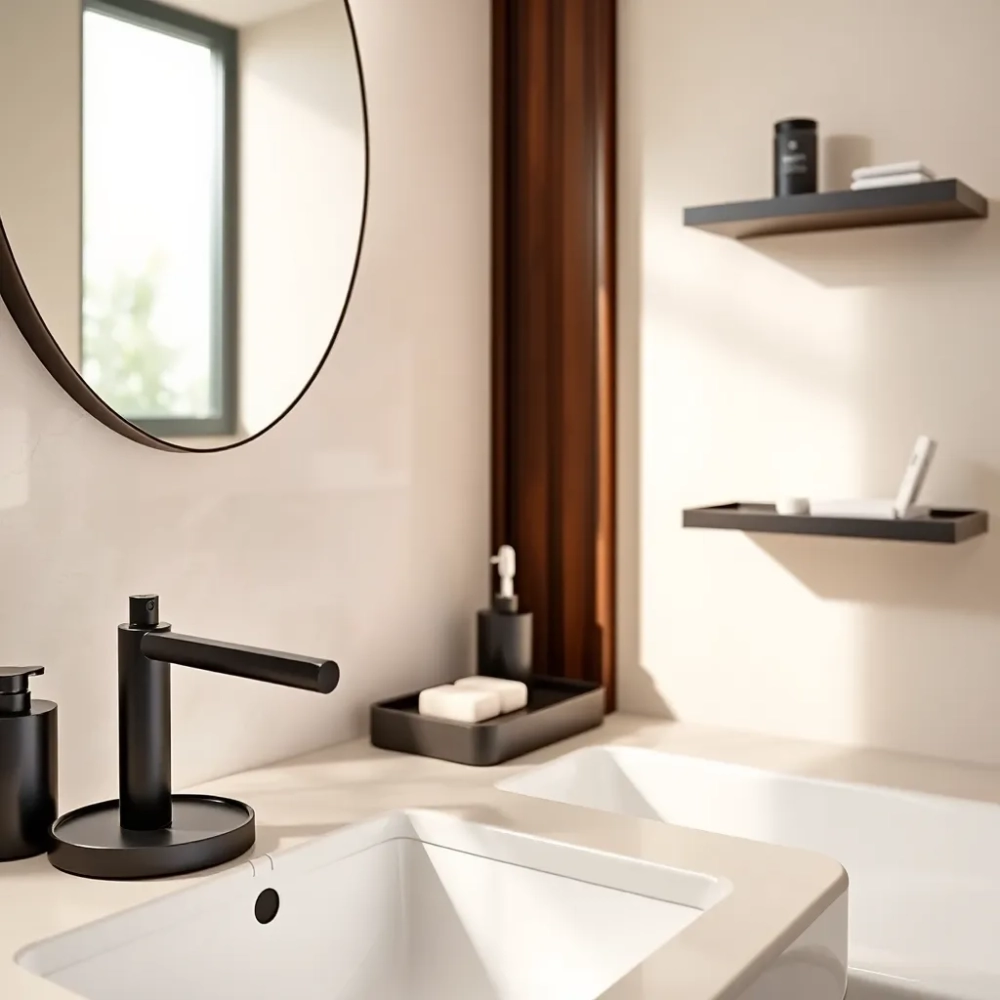 Akcesoria do łazienki czarne z drewnem