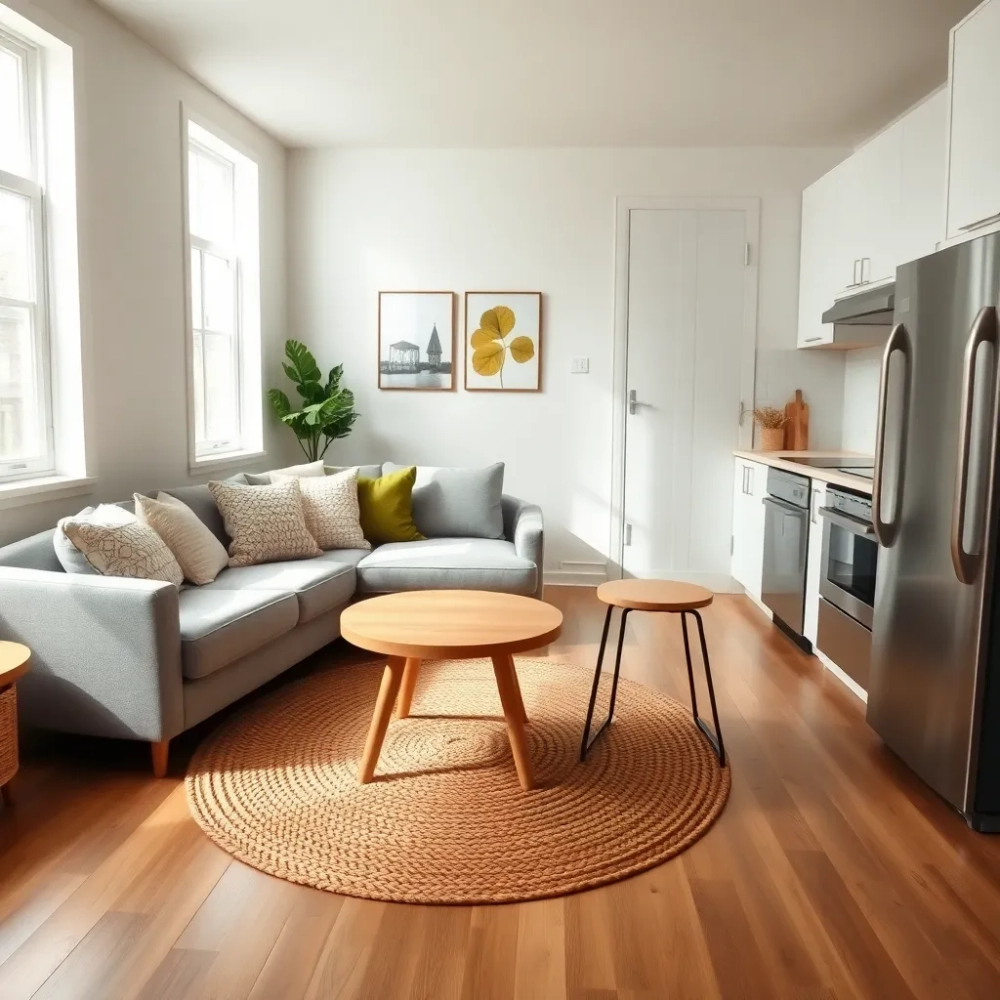 Aranżacja małego salonu z aneksem kuchennym