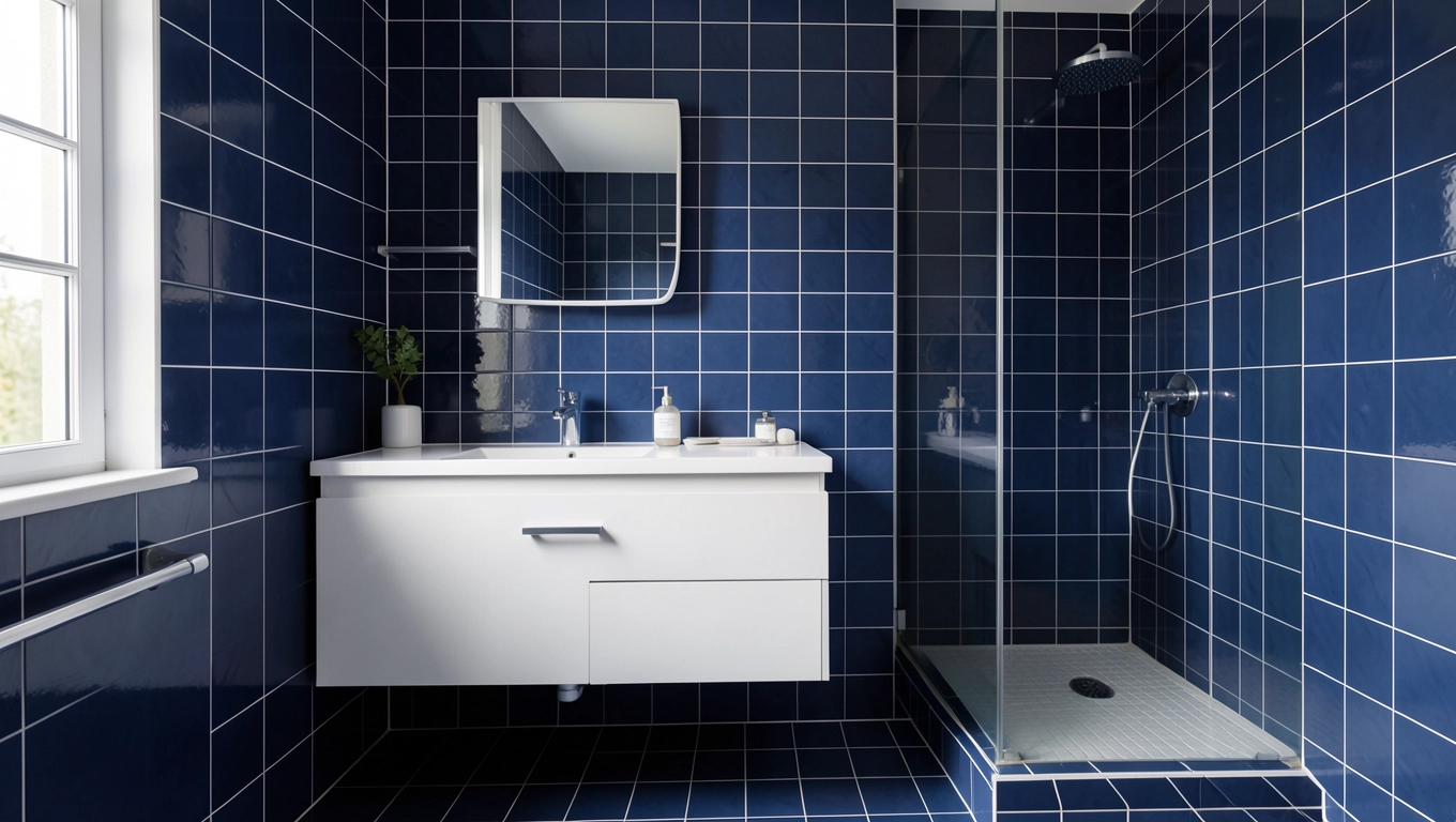 Aranżacje z granatowymi płytkami łazienkowymi