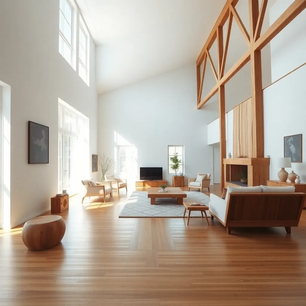 Biały salon z drewnem