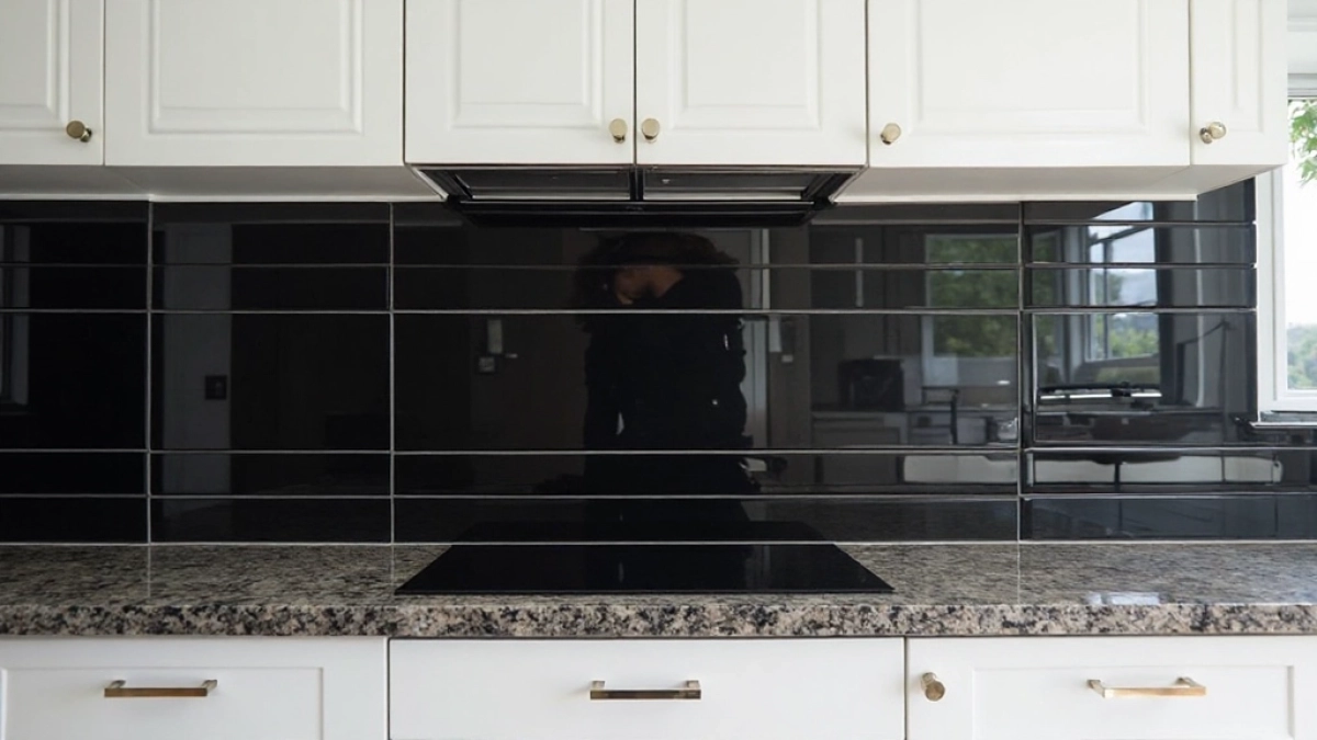 Czarne płytki między szafkami w kuchni