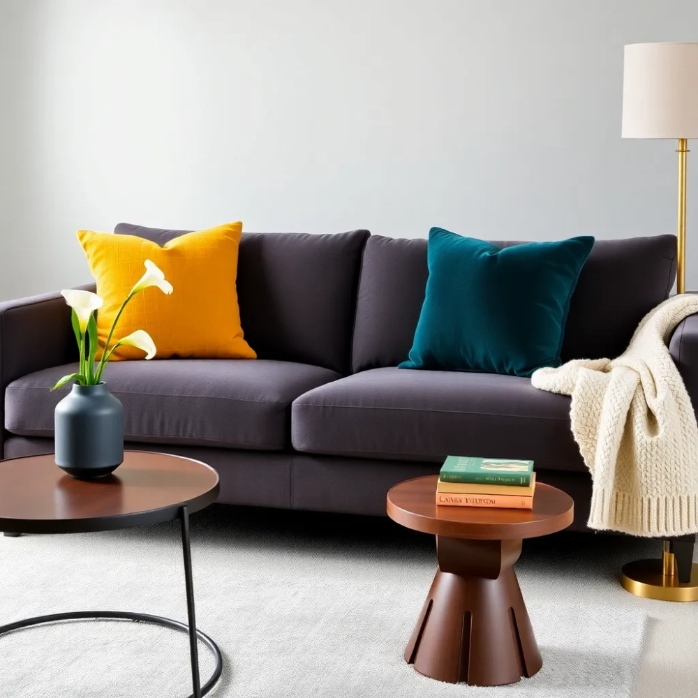 Dodatki do szarej kanapy w salonie