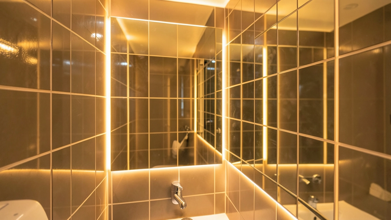 Duże płytki z lustrami i taśmami LED