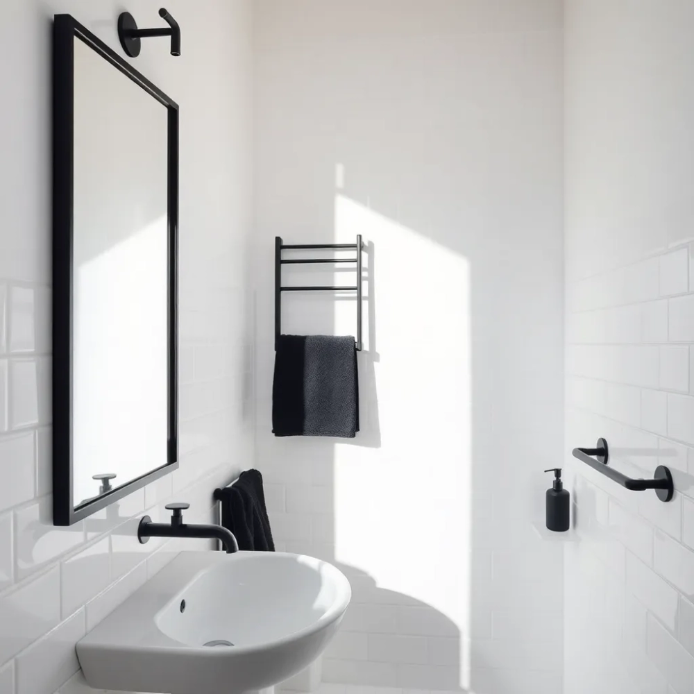 Jasną łazienka z czarnymi dodatkami