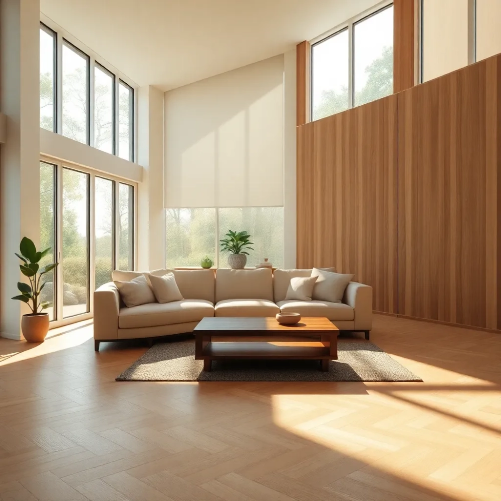 Jasny salon z drewnem