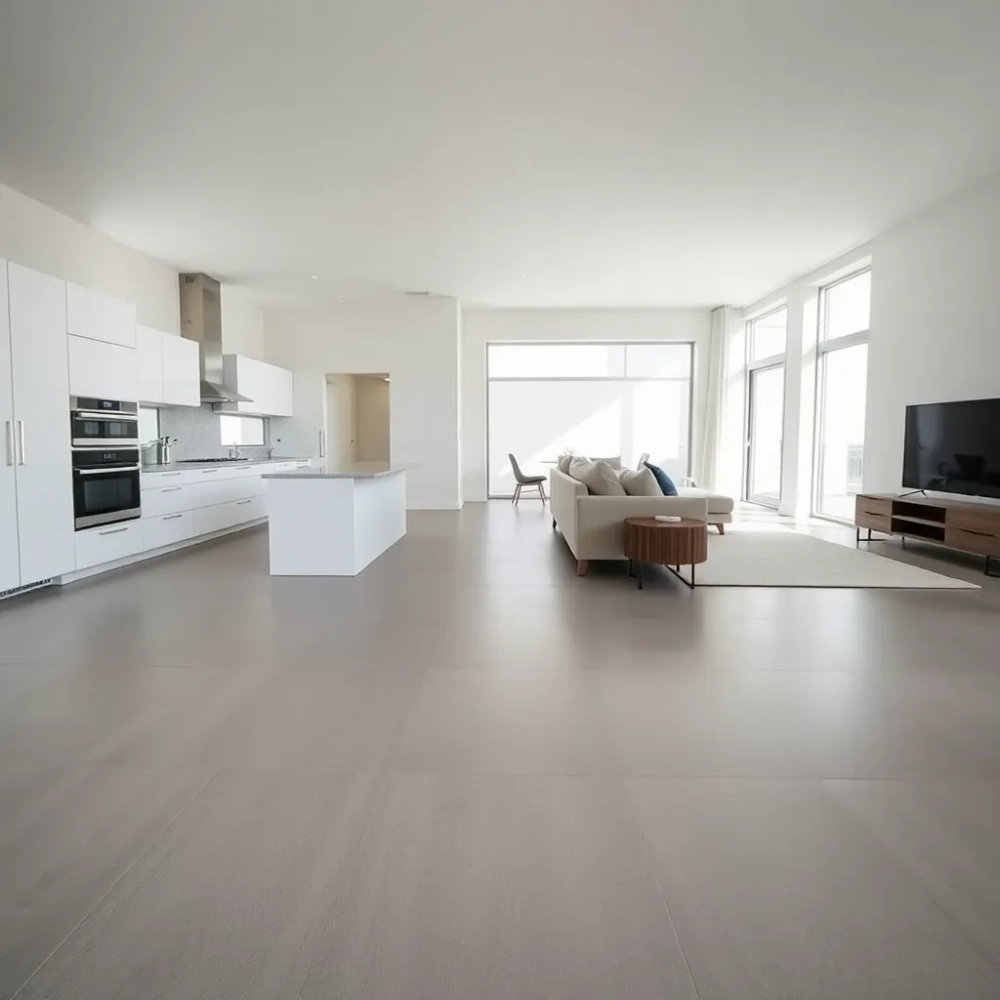 Jednolitą podłoga w kuchni i salonie