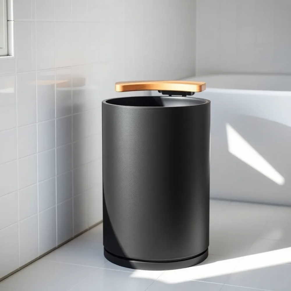 Kosz do łazienki czarny z drewnem