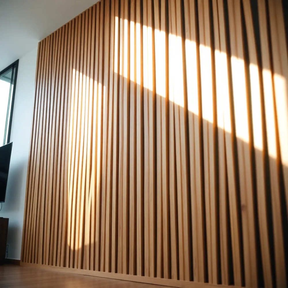 Lamele na ścianie w salonie