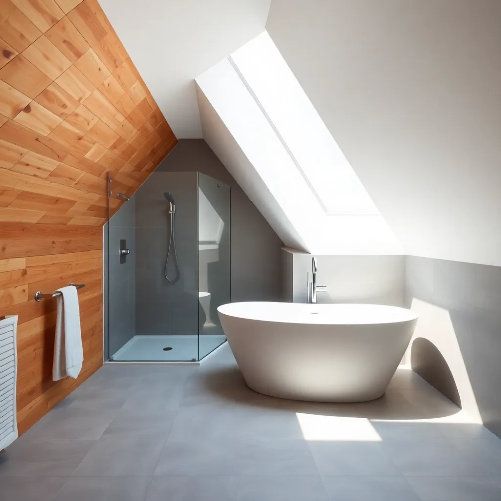 Łazienka na poddaszu z wanną i prysznicem