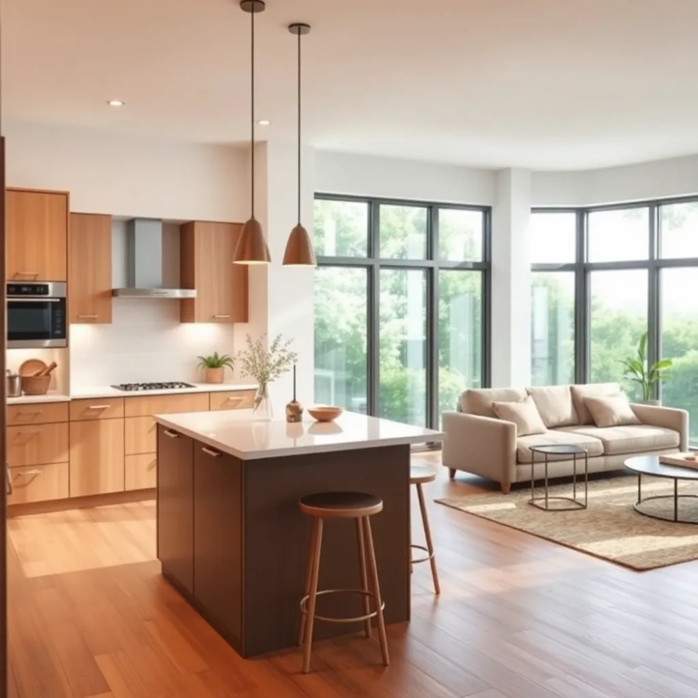 Mała kuchnia z wyspą i salonem