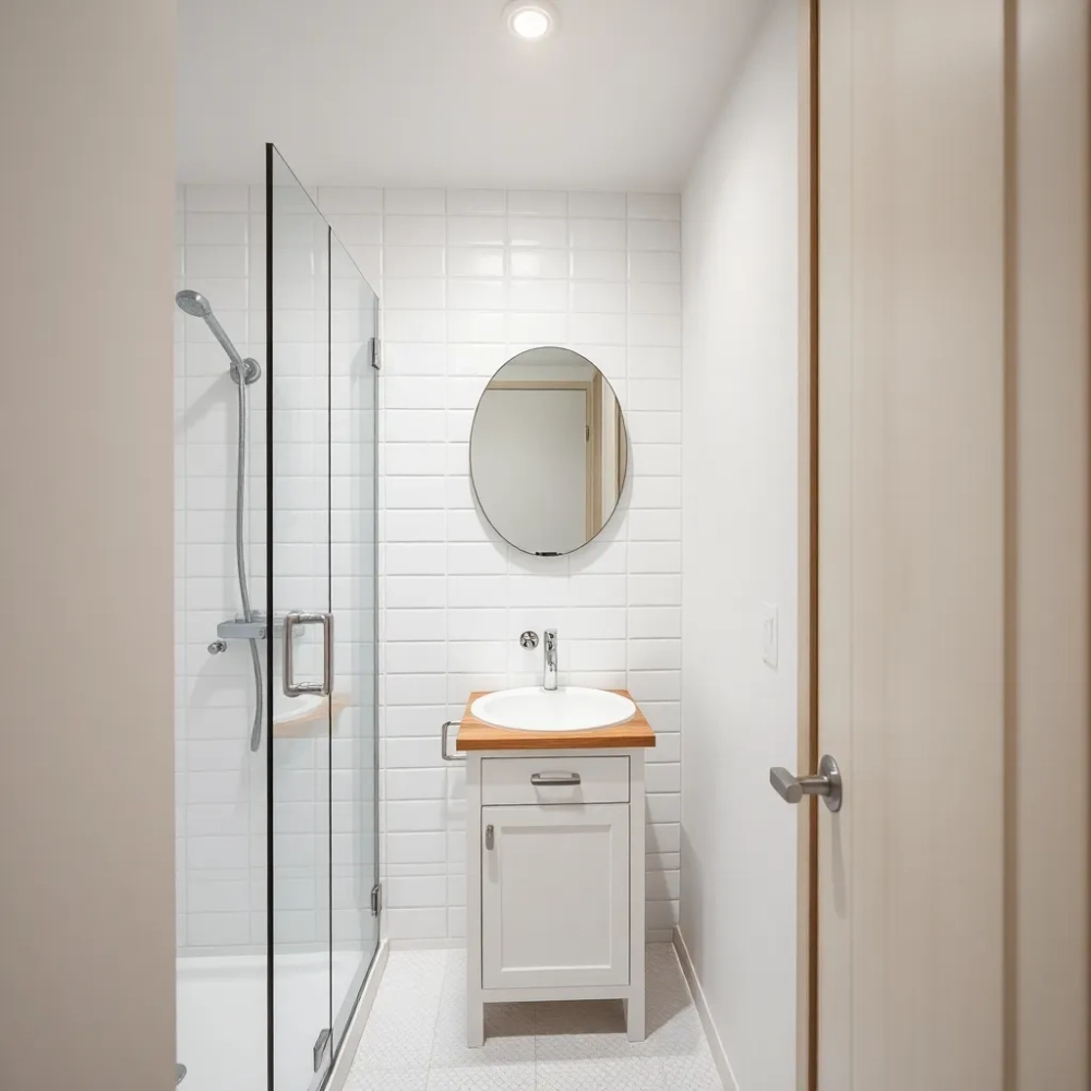 mała łazienka białoszara z drewnem