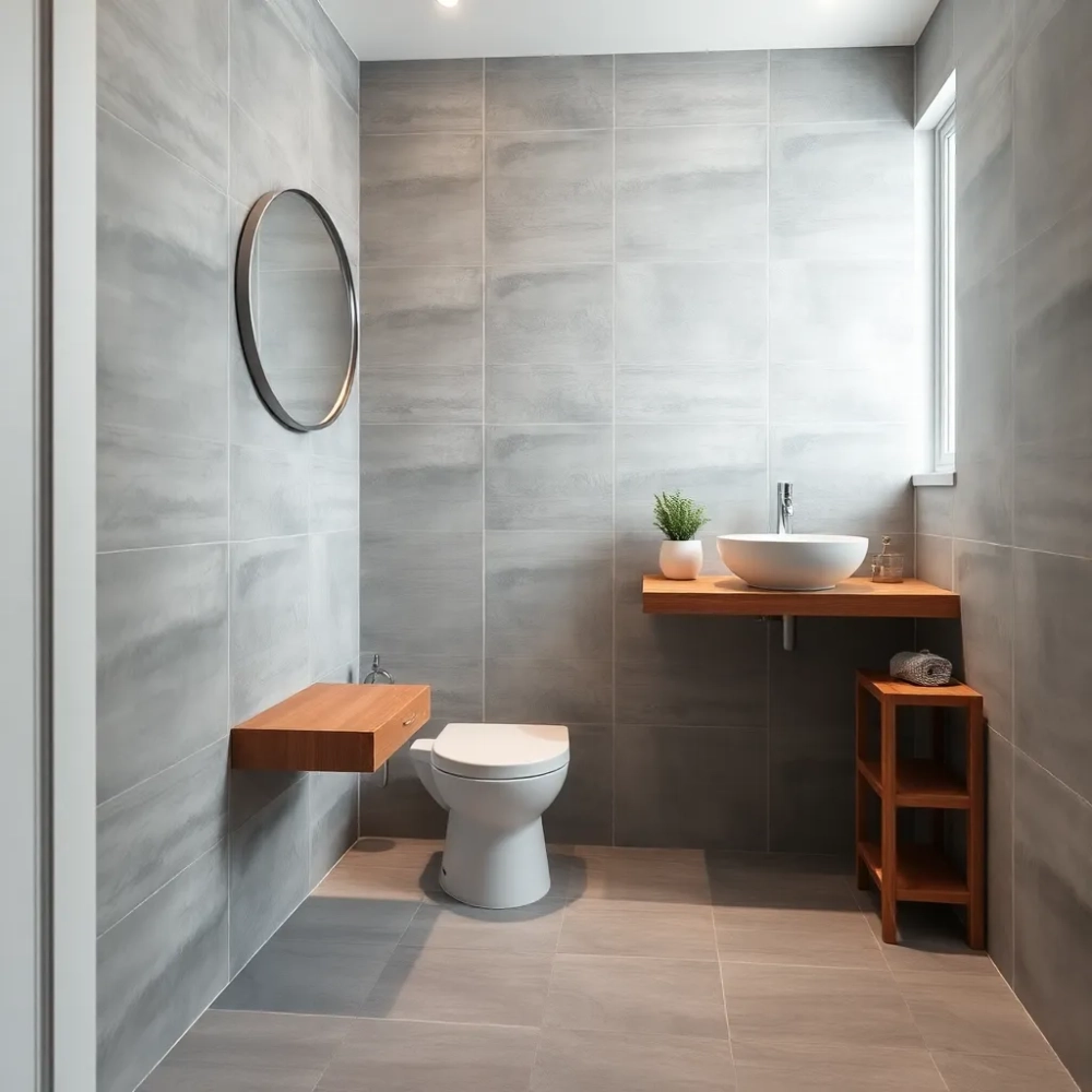 Mała łazienka szara z drewnem