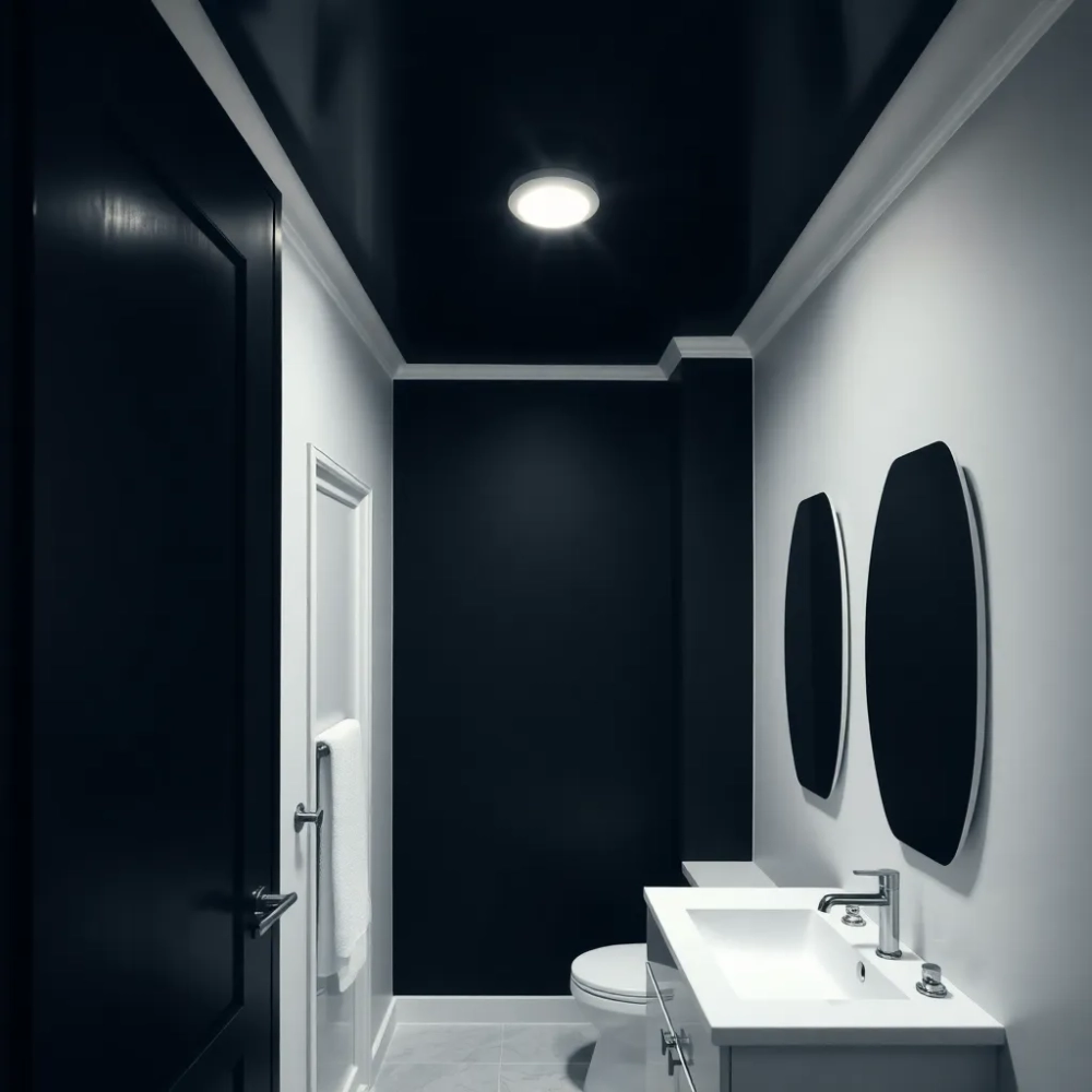 Mała łazienka z czarnym sufitem