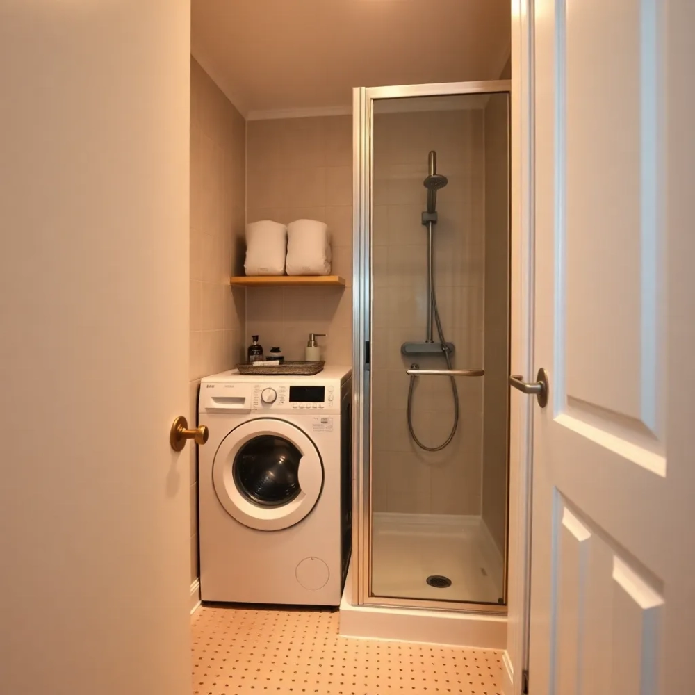 Mała łazienka z pralką i prysznicem