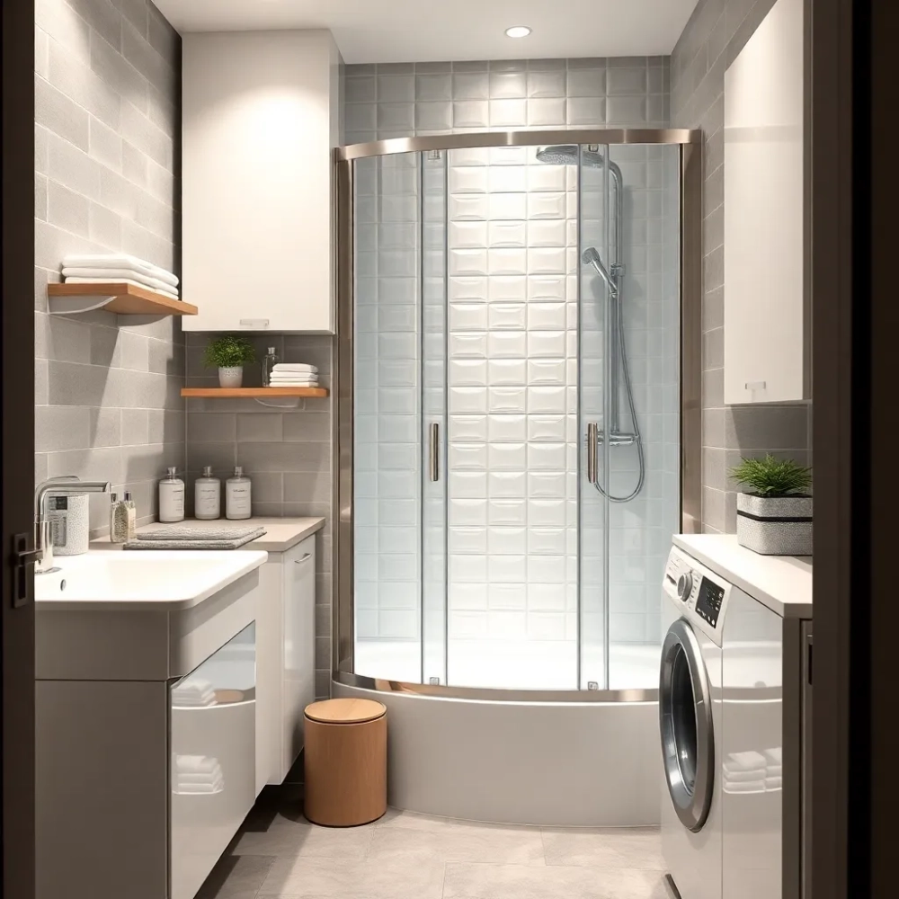 mała łazienka z prysznicem i pralką