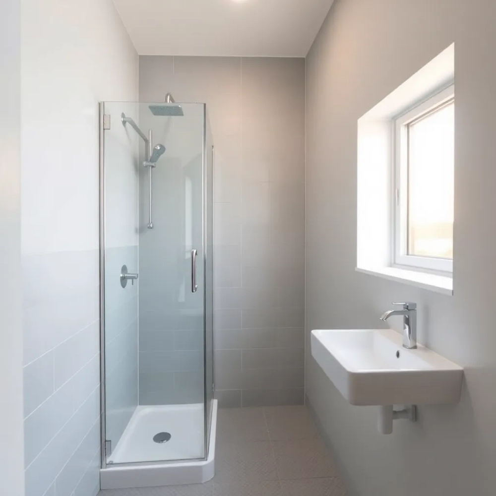 Małą prostokątna łazienka z prysznicem