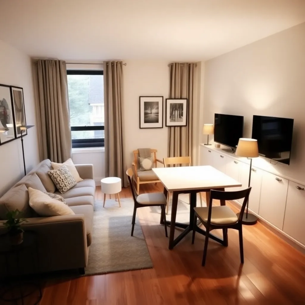 Mały salon w bloku ze stołem