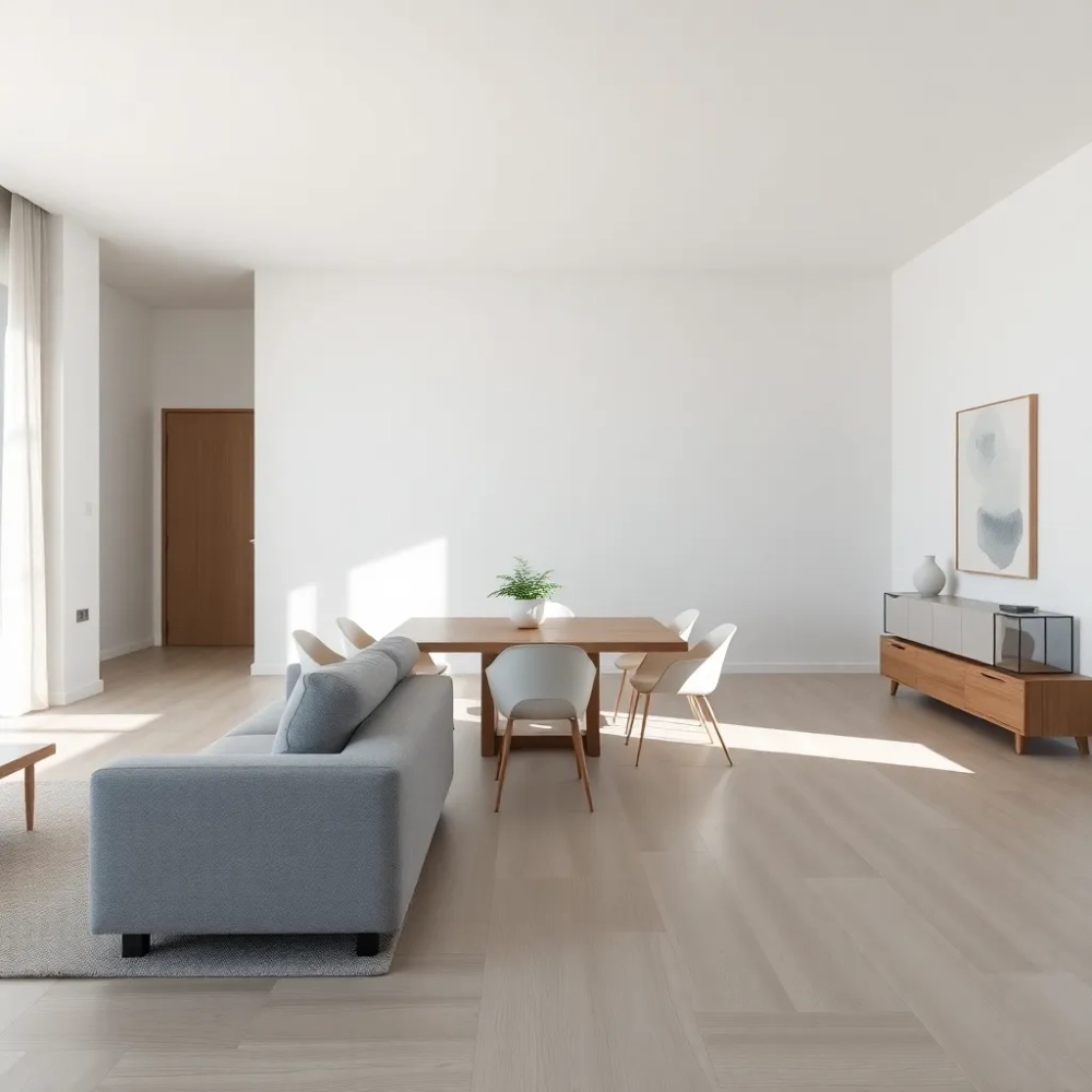 Minimalistyczny salon z jadalnią