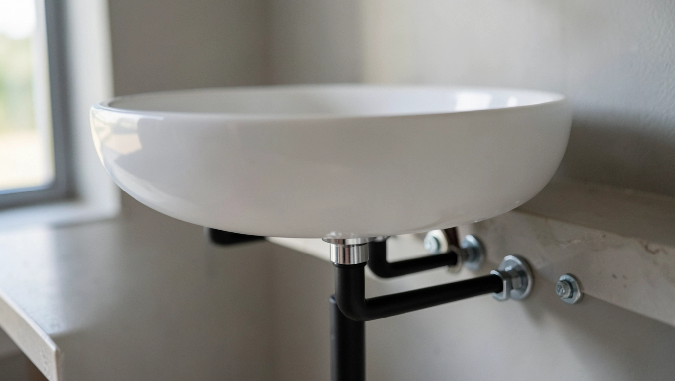 Mocowanie umywalki nablatowej za pomocą wsporników i spinek