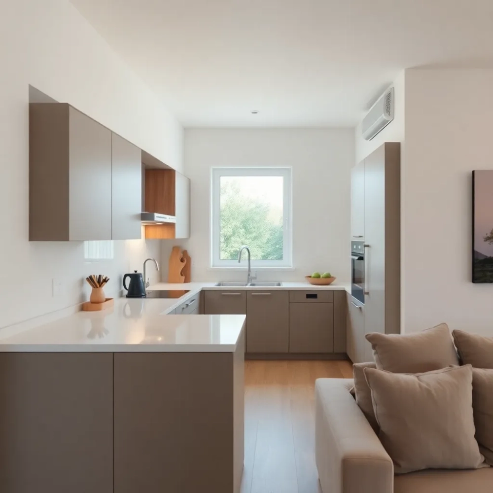 Nowoczesna mała kuchnia otwarta na salon