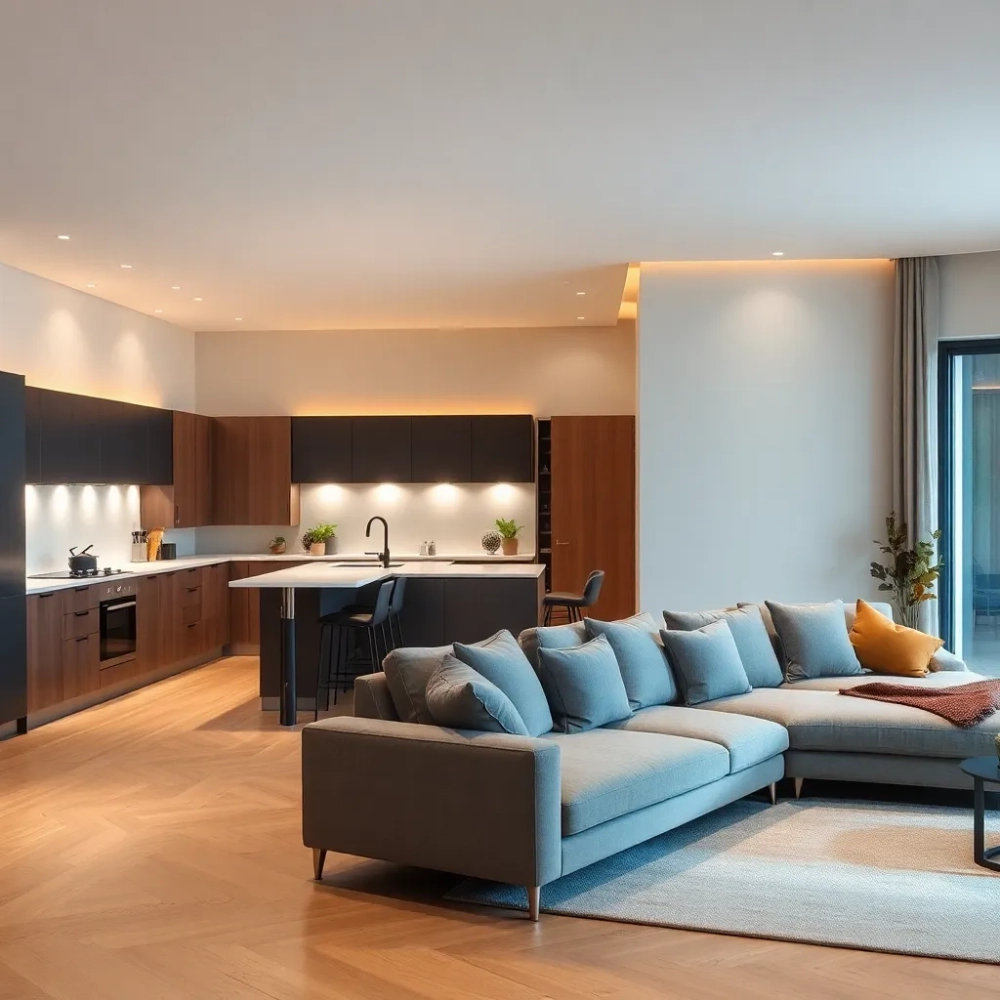 Nowoczesne oświetlenie salonu z aneksem kuchennym