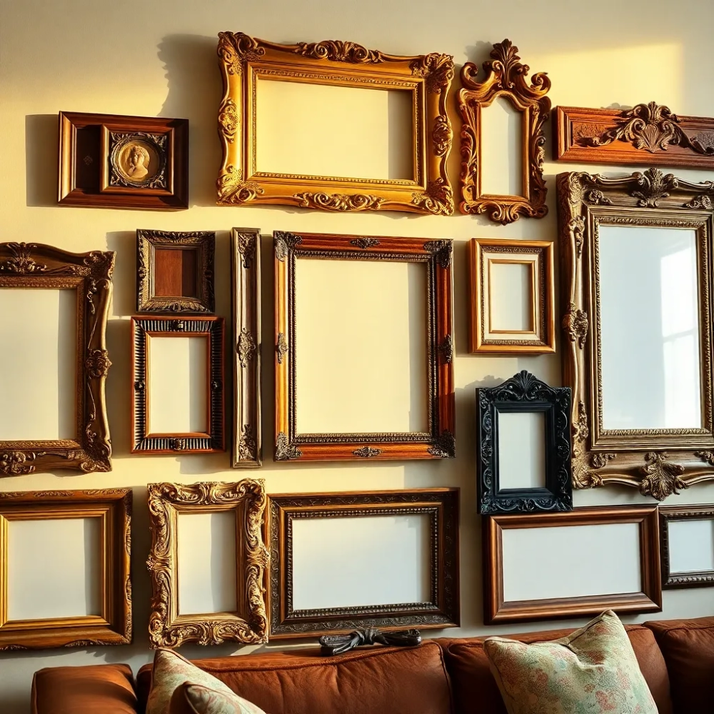 Ramki na ścianie w salonie