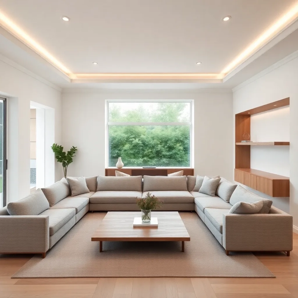 Salon biało szary z drewnem