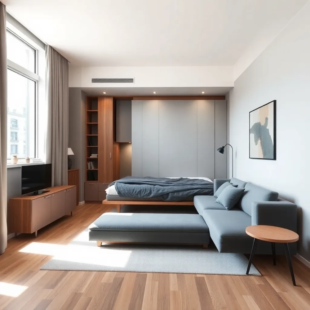 Salon i sypialnią w jednym pokoju w bloku