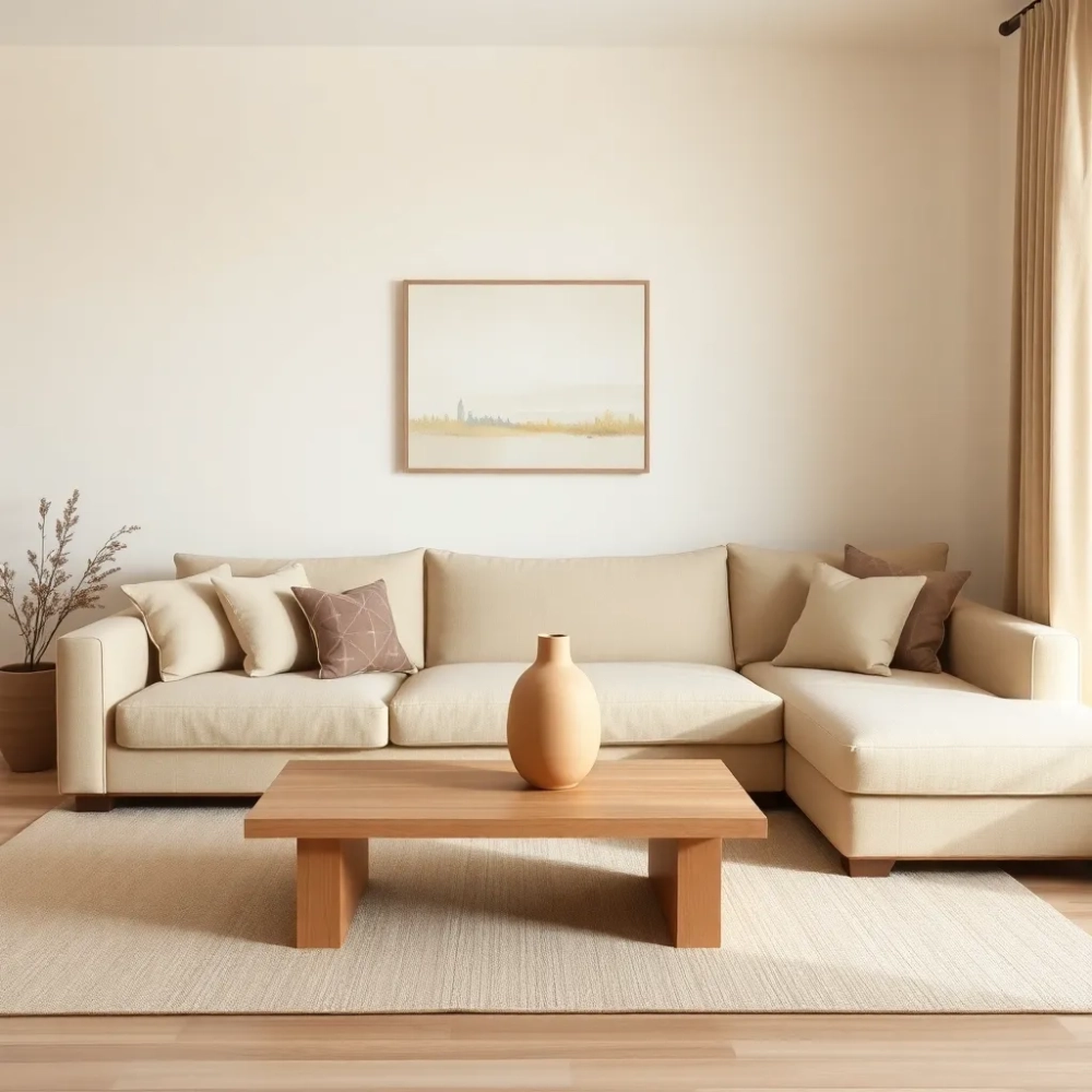 Salon w beżach i drewnie