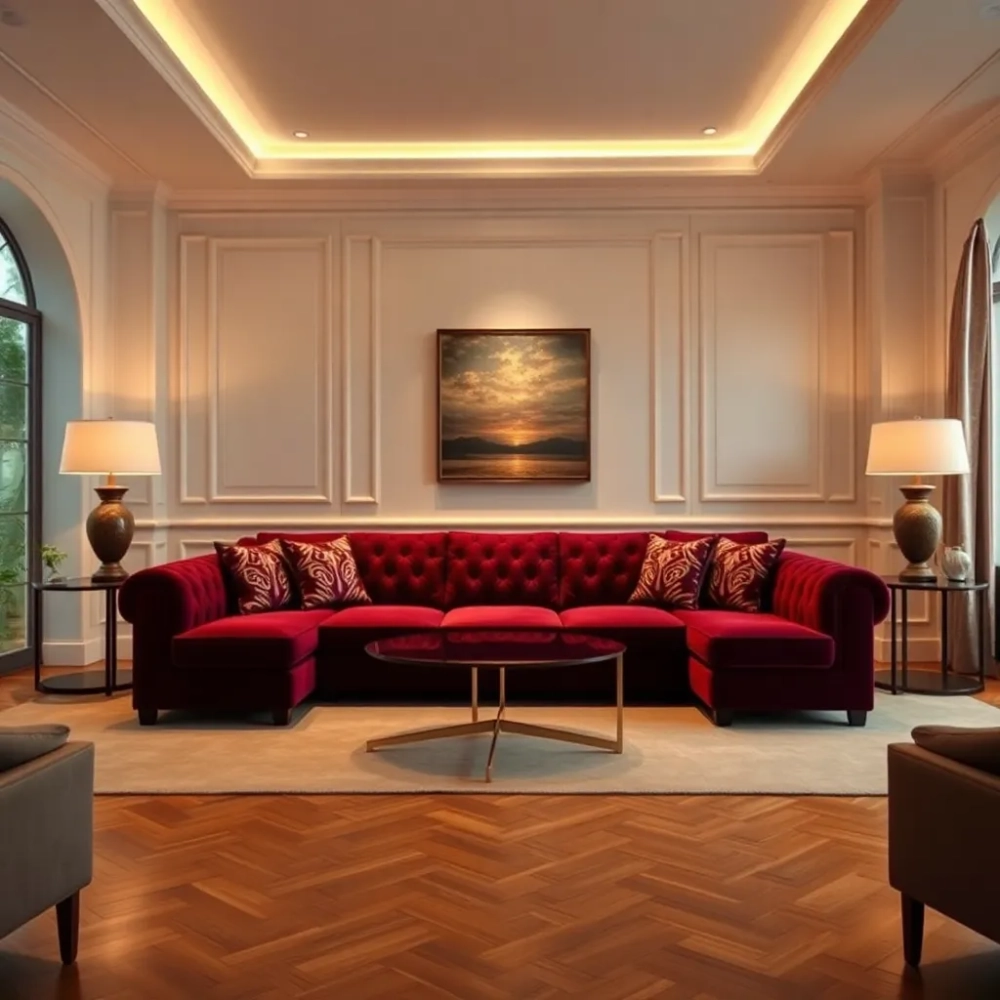 Salon z bordową kanapa