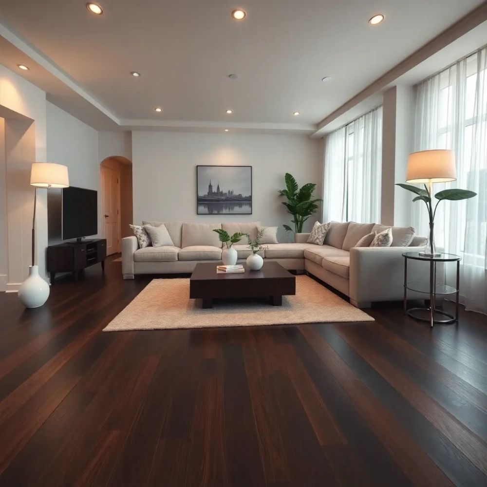 Salon z ciemną podłogą