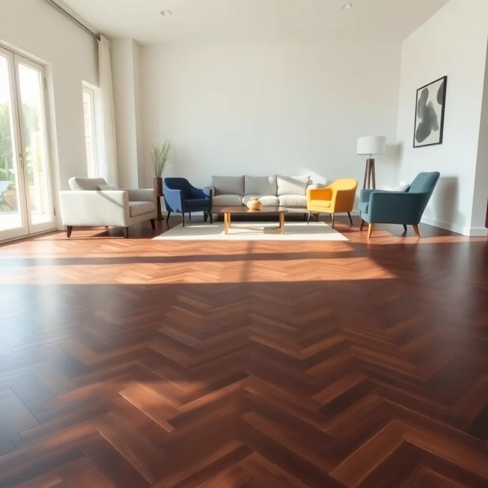 Salon z drewnianą podłogą