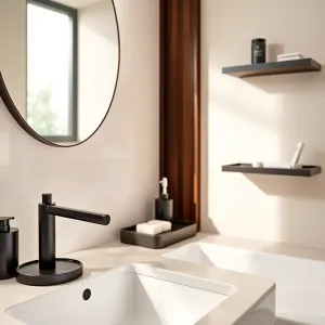 Akcesoria do łazienki czarne z drewnem