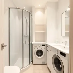 Aranżacja małej łazienki z prysznicem i pralką w bloku
