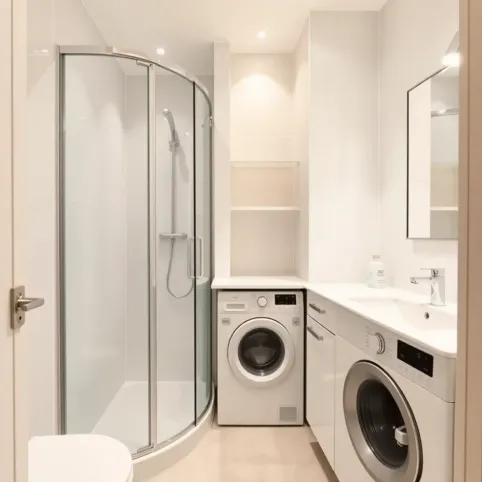 Aranżacja małej łazienki z prysznicem i pralką w bloku