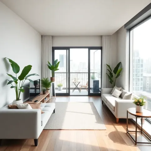 Aranżacja pokoju dziennego w bloku z balkonem