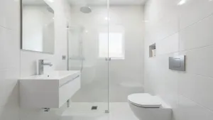 bardzo mała łazienka z prysznicem bez brodzika