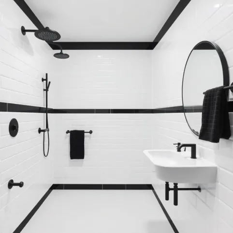 Biała łazienka z czarnymi dodatkami