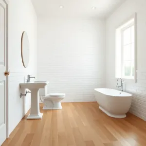 Biała łazienka z drewnianą podłogą