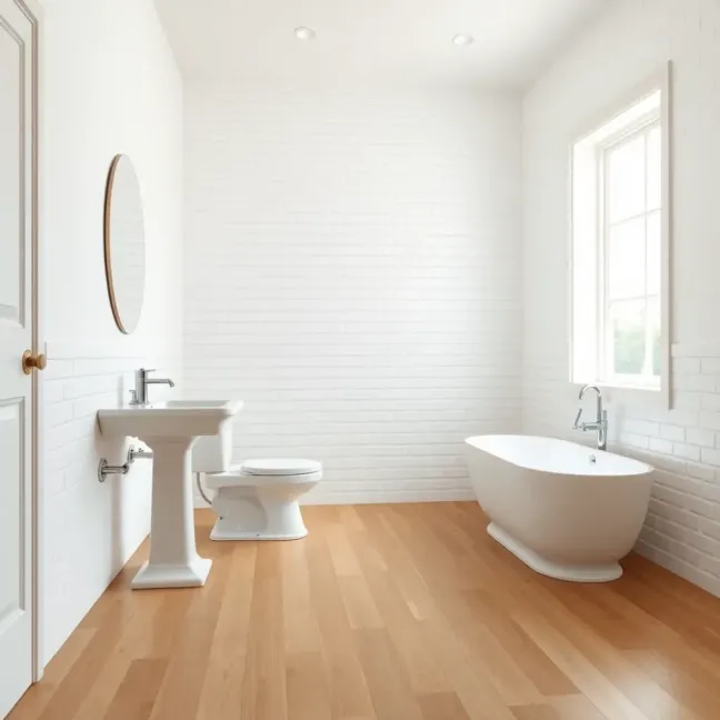 Biała łazienka z drewnianą podłogą