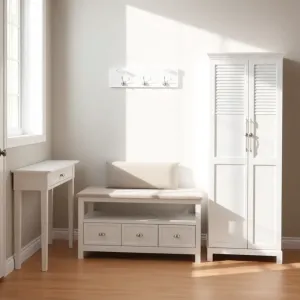 Białe meble do przedpokoju z siedziskiem