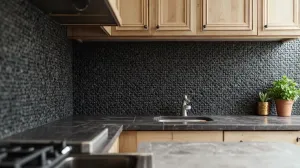 czarne plytki miedzy szafkami