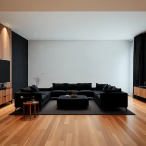 Czarny salon z drewnem