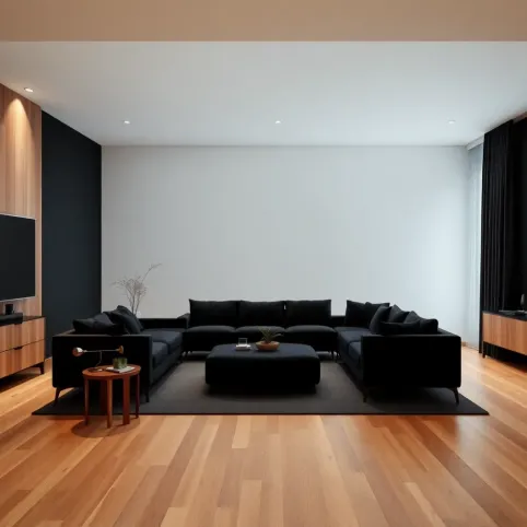 Czarny salon z drewnem