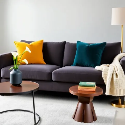 Dodatki do szarej kanapy w salonie