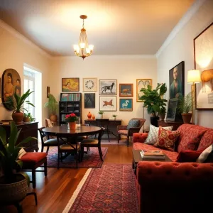 Eklektyczny salon z jadalnią