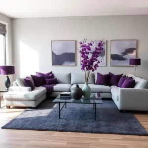 Fioletowe dodatki do szarego salonu