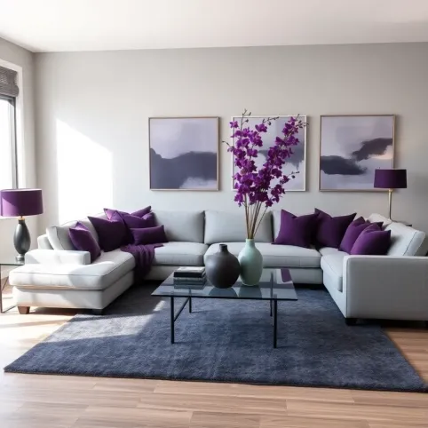 Fioletowe dodatki do szarego salonu